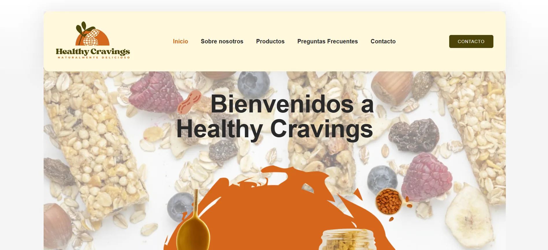 Página de inicio de Healthy Cravings con granola, frutos y composición en tonos crema y naranja