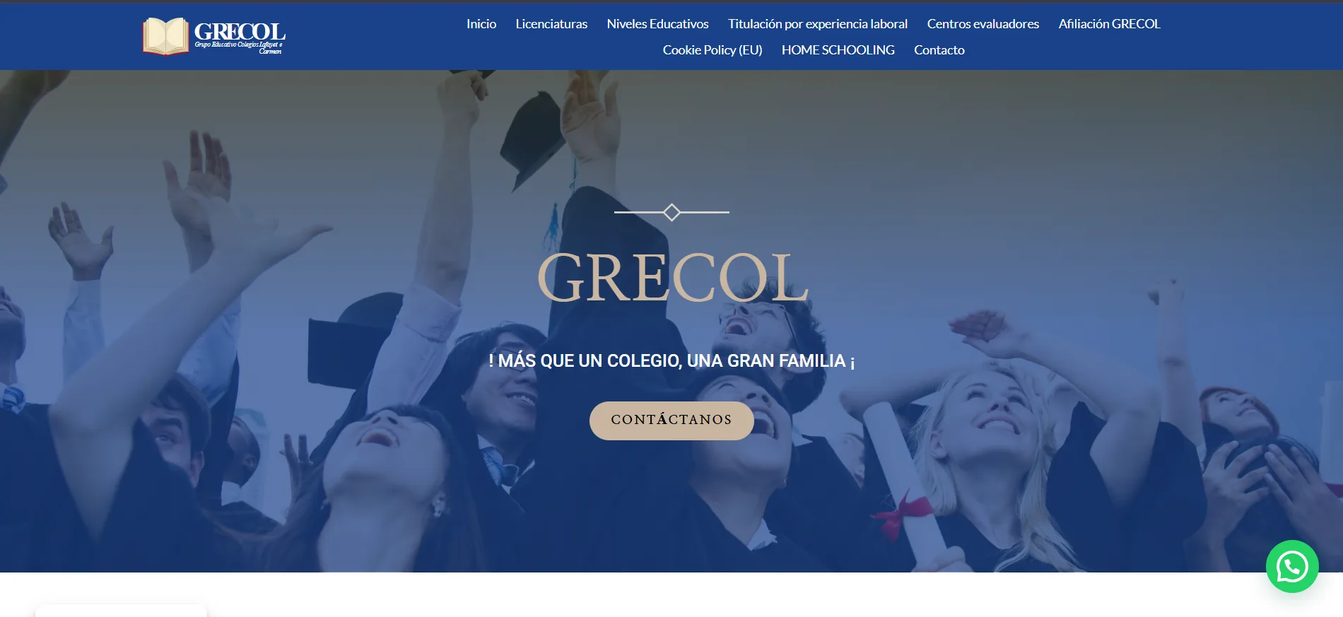 Página de inicio de Grecol con estudiantes graduados y navegación académica