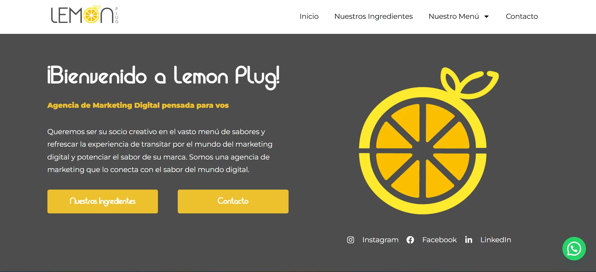 Página de inicio de Lemon Plug con tipografía blanca, amarillo cítrico y símbolo de limón