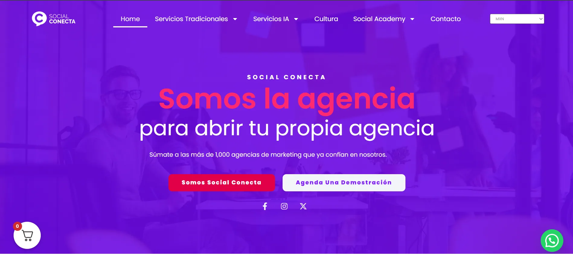 Página de inicio de Social Conecta con una composición violeta y llamadas a la acción