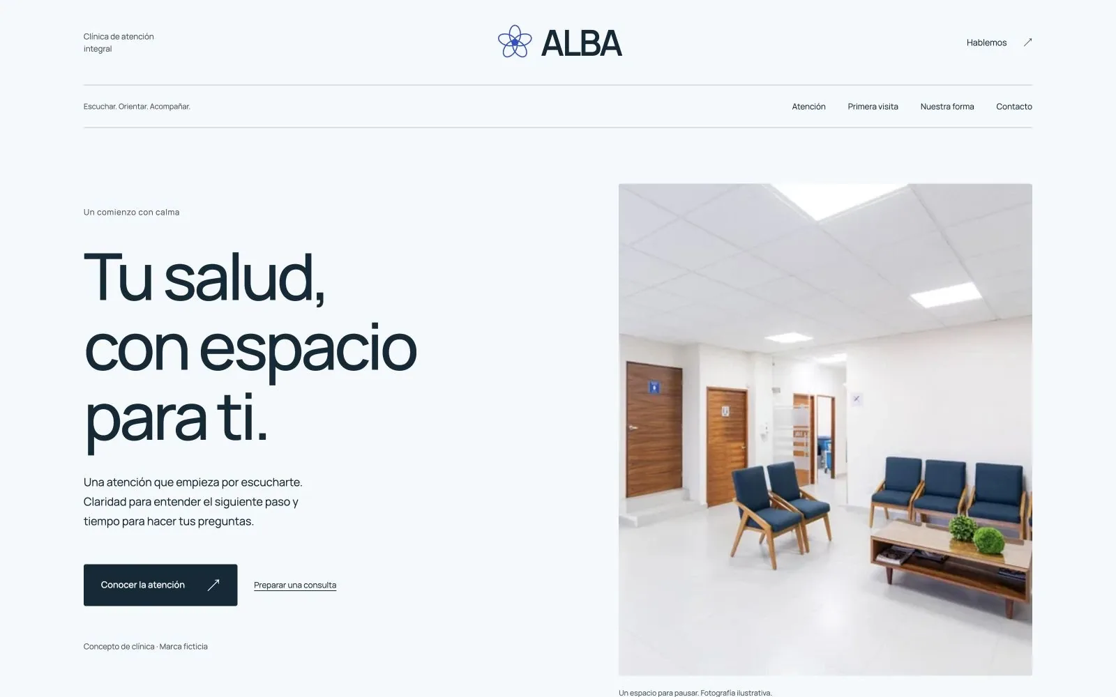 Portada de Alba: propuesta de atención, sala de espera y botones para conocer los servicios o consultar.