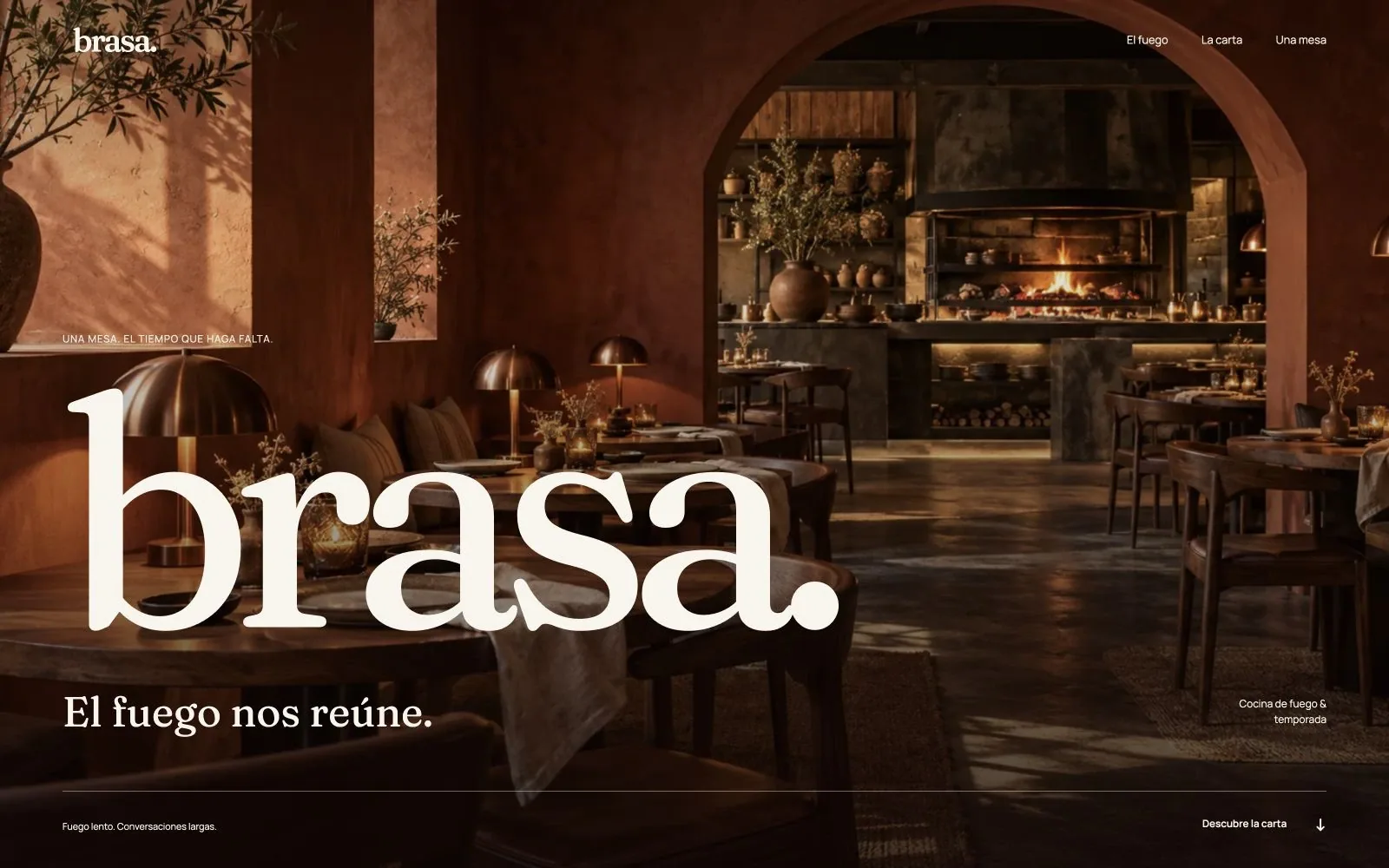 Portada de Brasa: restaurante en tonos cálidos, nombre de marca y presentación de cocina de fuego.