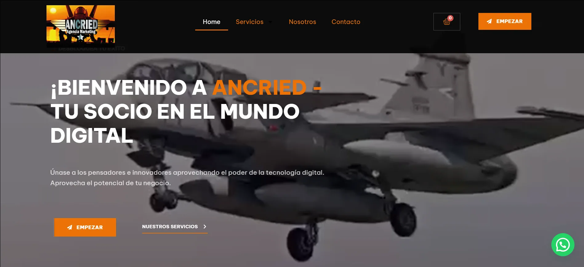 Página de inicio de Ancried con avión, navegación oscura y llamadas a la acción naranjas