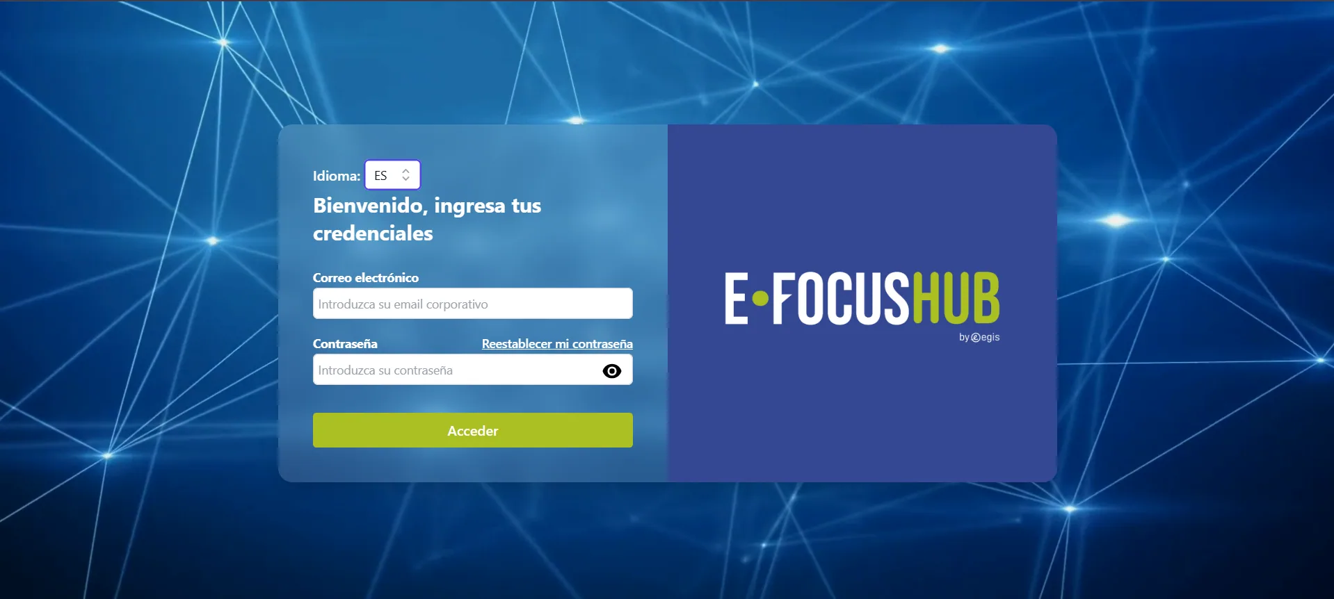 Inicio de sesión de E-FocusHub con formulario bilingüe y fondo de red digital