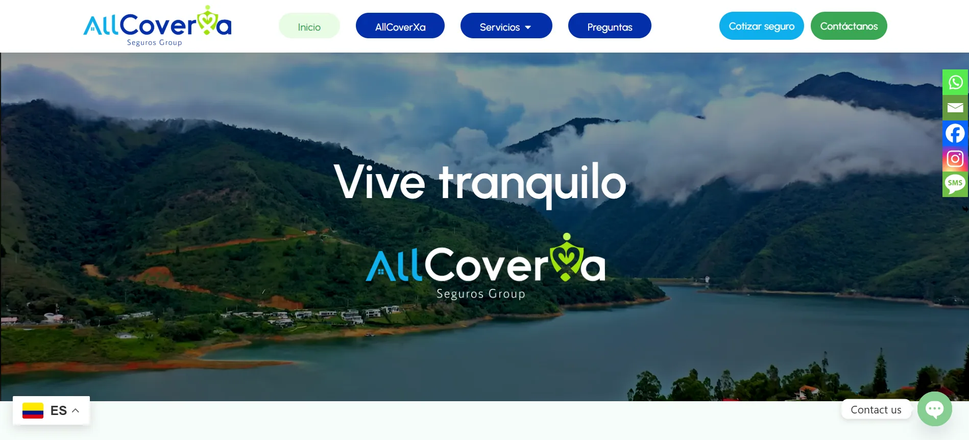 Página de inicio de AllCoverXa Seguros con paisaje, navegación y llamada para cotizar